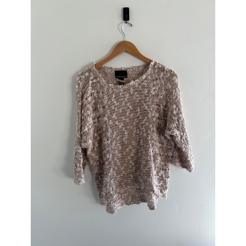 Cynthia Rowley Womens Tan White Marled Open Knit Sweater Dolman Sleeve Large